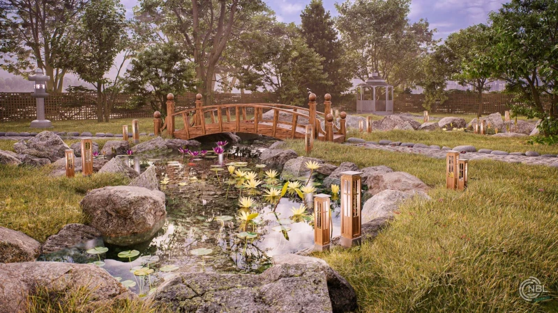 Jardín japonés con diseño paisajístico en render 3D