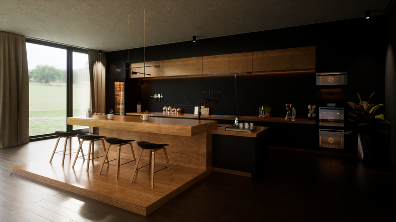 Render fotorealista de una cocina moderna en tonos oscuros