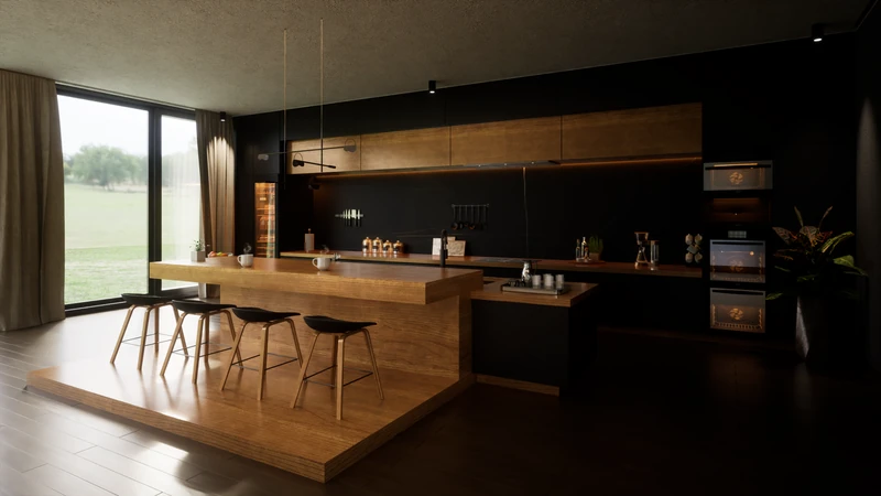 Cocina moderna con estética en tonos oscuros