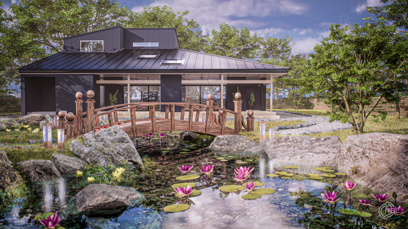 Render fotorealista de una casa japonesa y su jardín