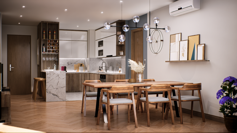 Render fotorealista de un comedor cocina unificado