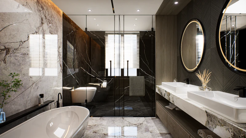 Baño de lujo con materiales nobles y luz cálida