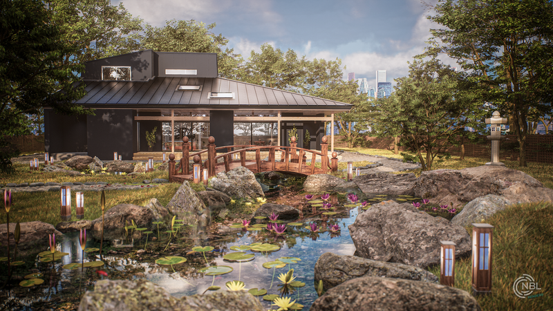 Render fotorealista de una casa japonesa y su jardín