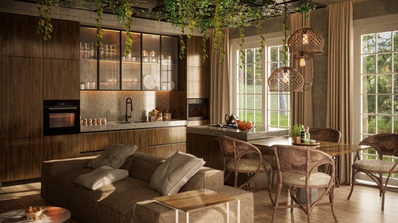 Render fotorealista de un comedor con plantas colgantes